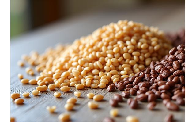 Norske kornsorter på en treflate