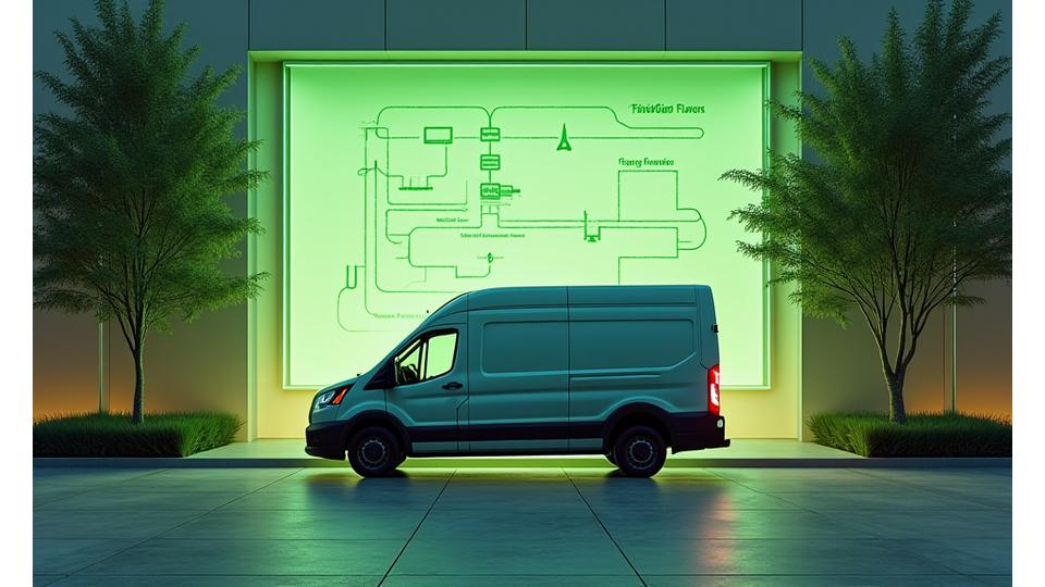 Elektriske leveringsbiler parkert utenfor et moderne distribusjonssenter, med et flytskjema som viser ruteoptimalisering og reduserte utslipp