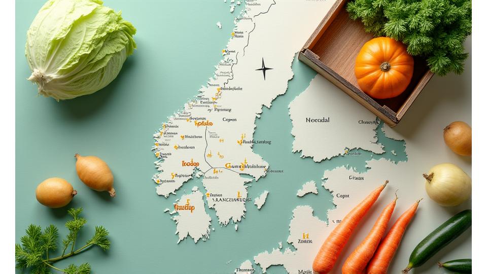 Interaktivt kart som viser lokale produsenter i Ålesund-regionen og ferske, sesongbaserte grønnsaker