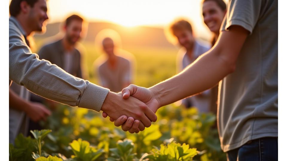 Bilde som viser et mangfoldig team som samarbeider i et produksjonsanlegg eller med en lokal bonde, symboliserer rettferdig handel og samfunnsengasjement