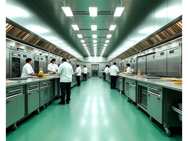 Et stort, moderne industrikjøkken med flere kokker i arbeid og store gryter og ovner.