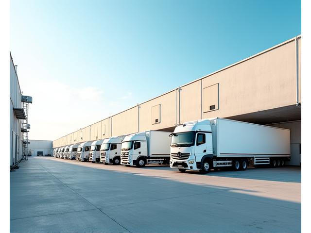 Flåte av moderne temperaturkontrollerte leveringsbiler for matdistribusjon.