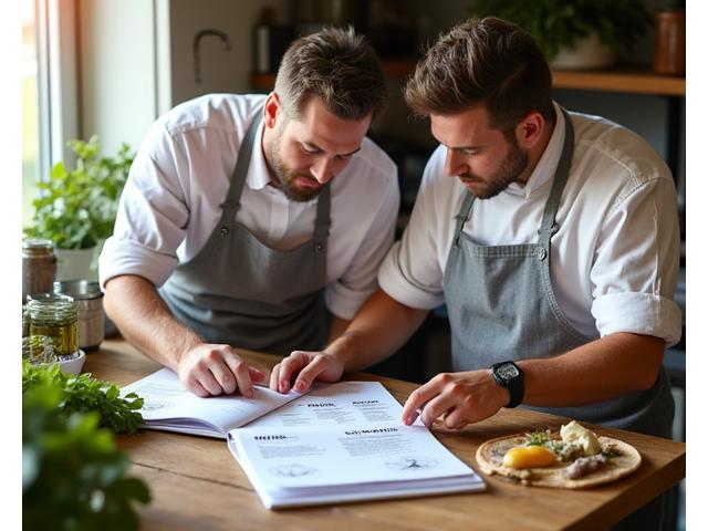 To kokker som diskuterer en meny og blar i en kokebok på et moderne kjøkken.