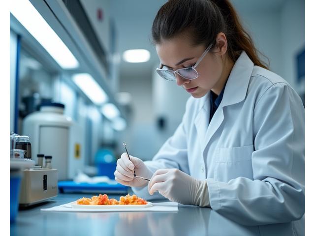 En matforsker i lab-frakk som inspiserer en rett i et rent laboratoriemiljø.