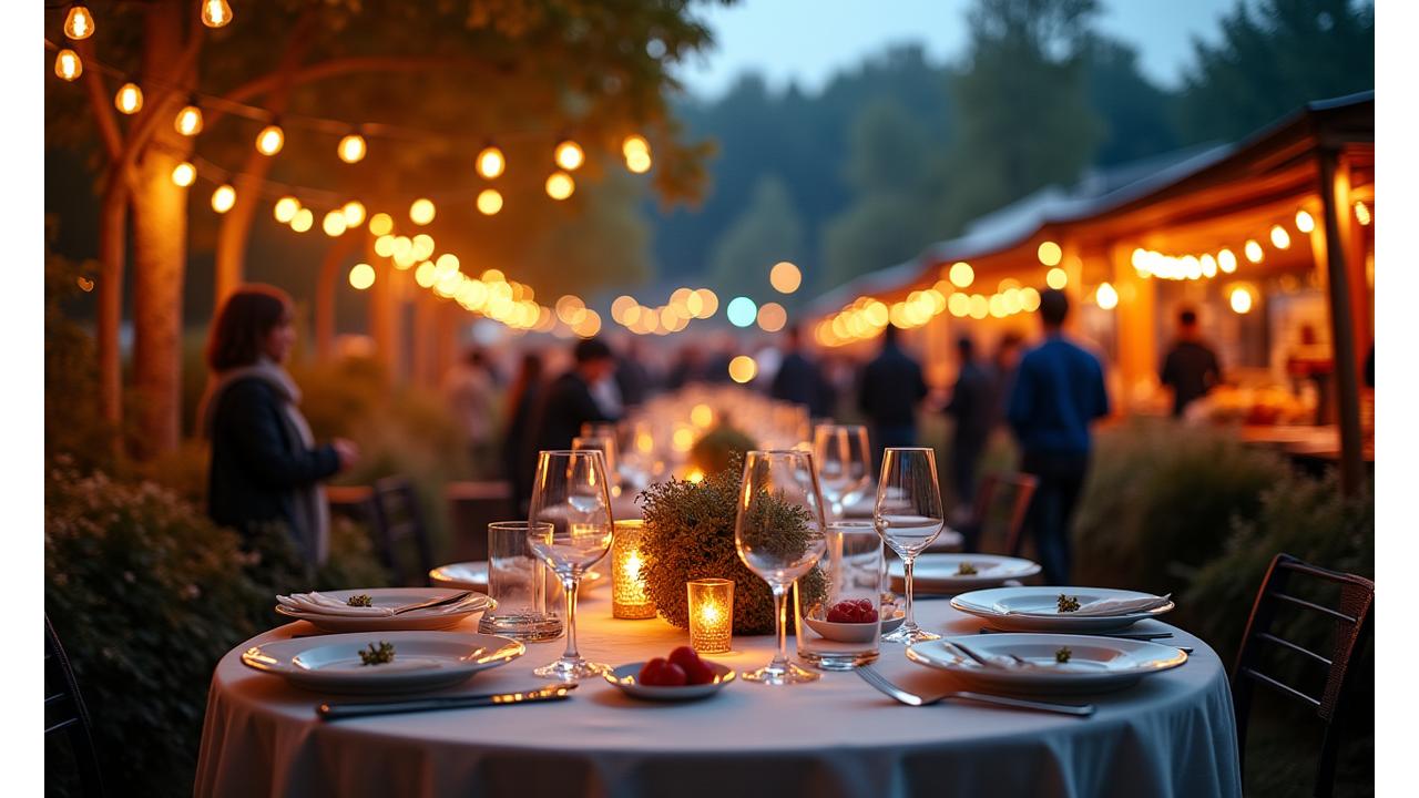 Bilde av et variert utvalg av arrangementer, fra et intimt bord til et stort utendørs festivalområde.