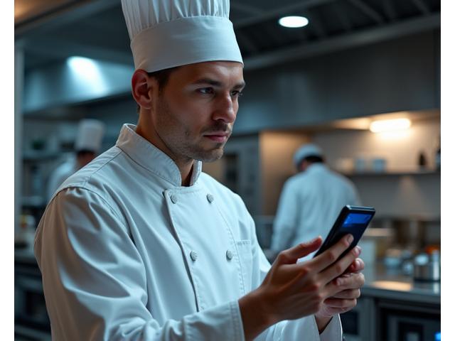 En kokk svarer på telefonen mens han står i et travelt kjøkken, symboliserer beredskap.