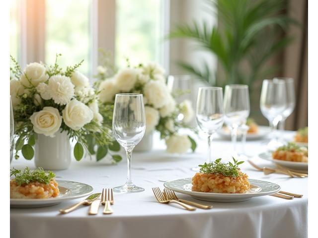 Bord dekket for et elegant bryllup med blomsterdekorasjoner.
