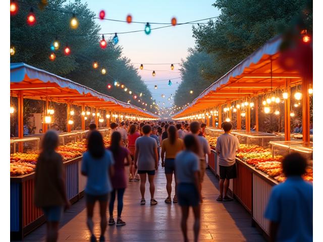 Livlig festivalområde med matboder og folk som spiser utendørs.