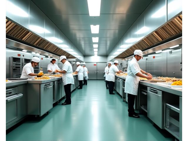 Profesjonelt institusjonskjøkken med kokker som forbereder mat i stor skala.
