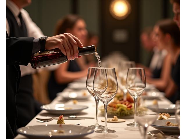 En hovmester serverer gourmetmat til gjester ved et luksuriøst bord.