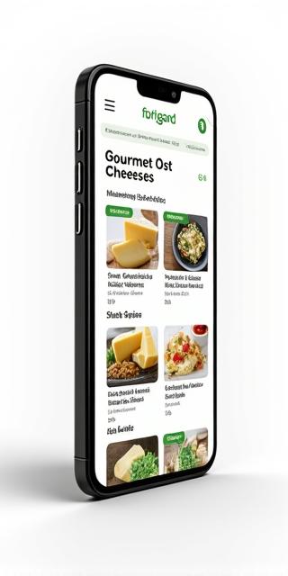 Android-telefon som viser Fjordgard Flavors bestillingsapp med produktoversikt