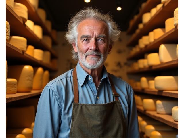Portrett av en eldre fransk cheesemonger i et tradisjonelt ostehus