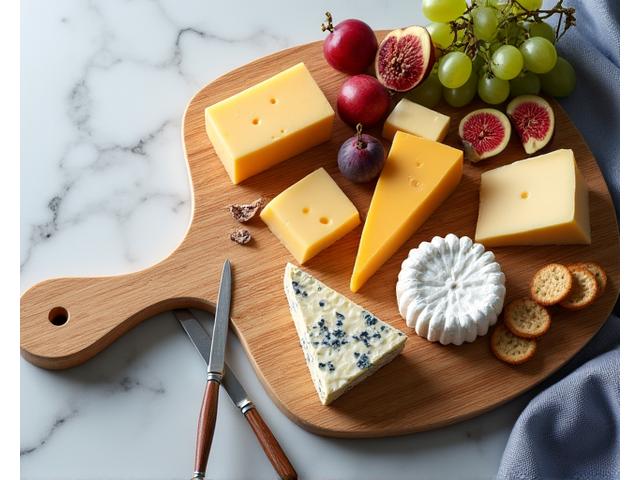 Elegant ostebrett med diverse ost, frukt og et kvalitetssertifikat synlig