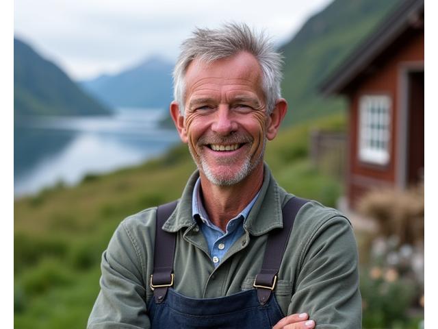 Portrett av en norsk bonde foran fjellgården sin