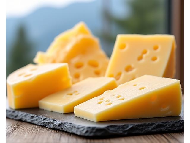 Sveitsiske oster som Gruyère og Emmental, kuttet i biter