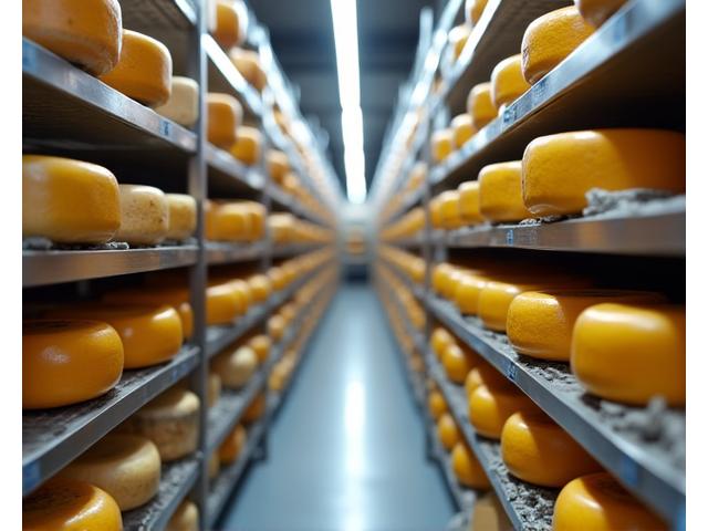 Interiør av et temperaturkontrollert ostelager med hyller fyllt med hjuloster