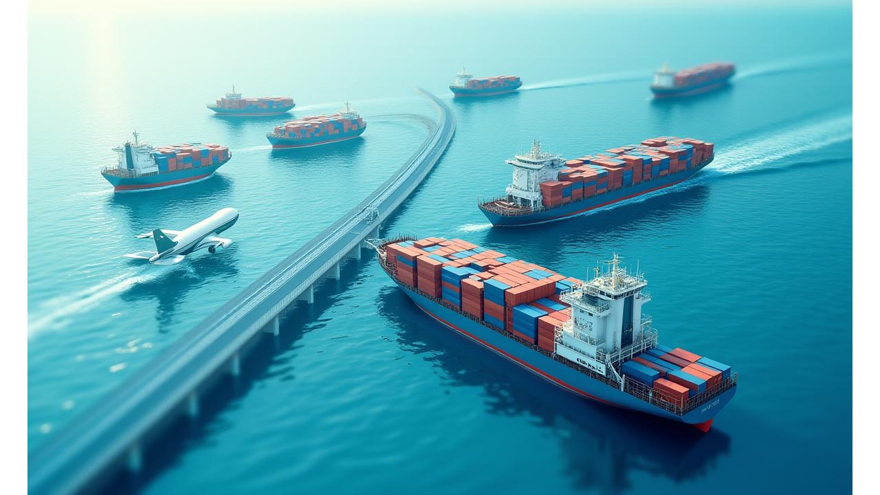 Et diagram som illustrerer en kompleks, men strømlinjeformet logistikk- og forsyningskjede, med containere, skip og lastebiler som beveger seg jevnt mellom kontinenter. Fokuset er på effektivitet og global rekkevidde.