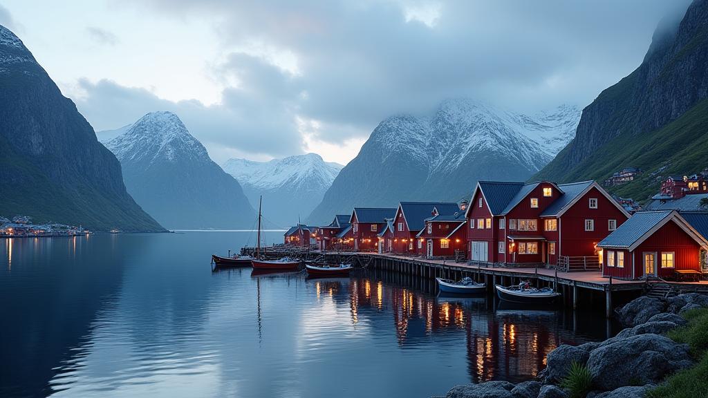 An authentic Norwegian fishing village scene at dusk, with traditional wooden houses, fishing boats, and snow-capped mountains in the background, symbolizing the origin of exported Norwegian seafood and produce.