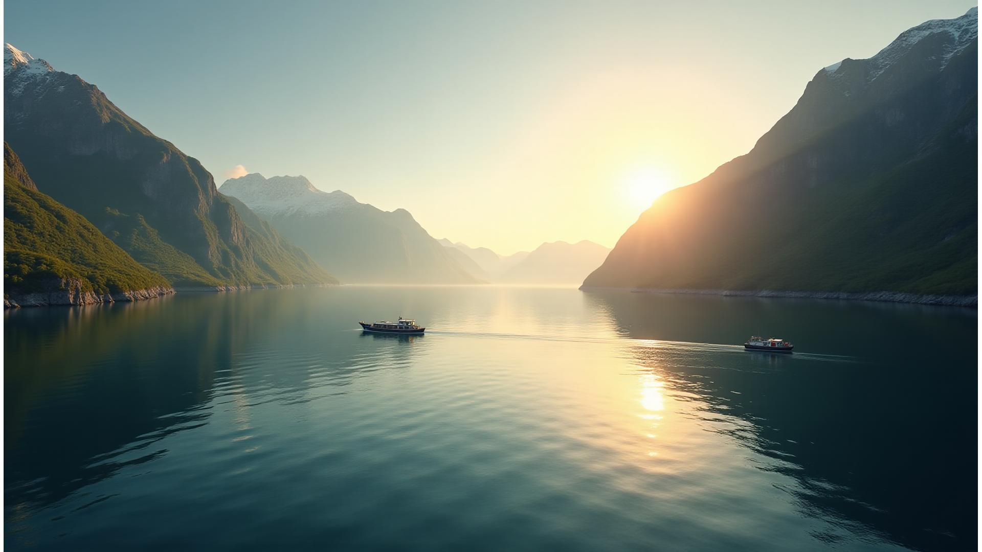 Spektakulær norsk fjordlandskap med en kystlinje og et tradisjonelt fiskefartøy, symboliserer autentisk norsk matkultur.