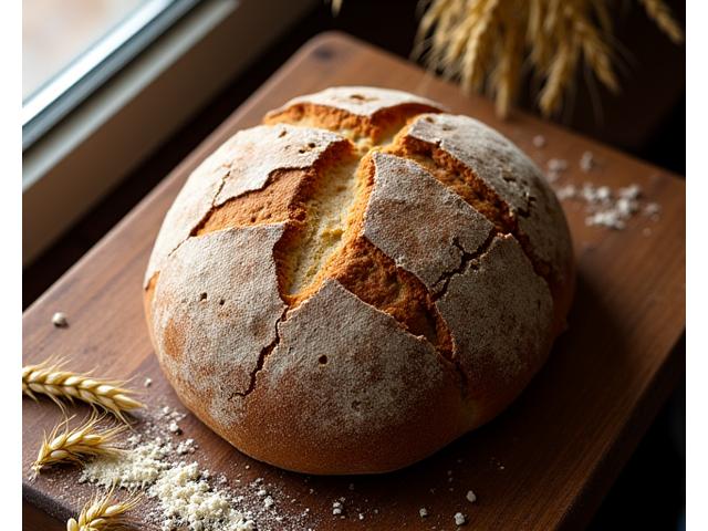 Ferskt, håndverksbakt surdeigsbrød med gyllen skorpe på et rustikt trebrett.