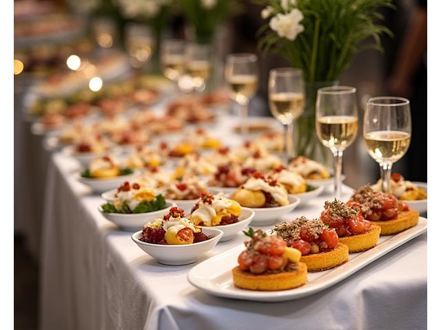 Et elegant cateringarrangement med et bord fylt av småretter og gourmetmat, profesjonelt presentert.