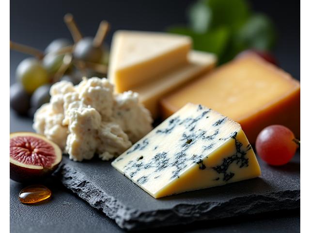 Variert utvalg av norsk gourmetost, inkludert hvitmuggost og blåmuggost, presentert på et elegant serveringsfat.