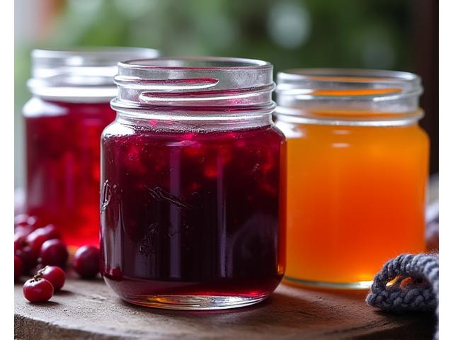 Glass med tradisjonell norsk multer og tyttebær syltetøy, hjemmelaget på en rustikk treflate.