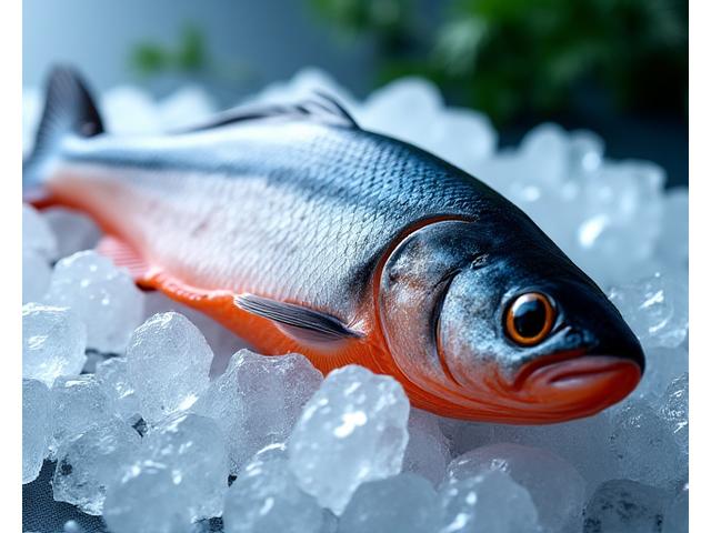 Fersk, glinsende hel laks klar for foredling, med is og sjømatutstyr i bakgrunnen.