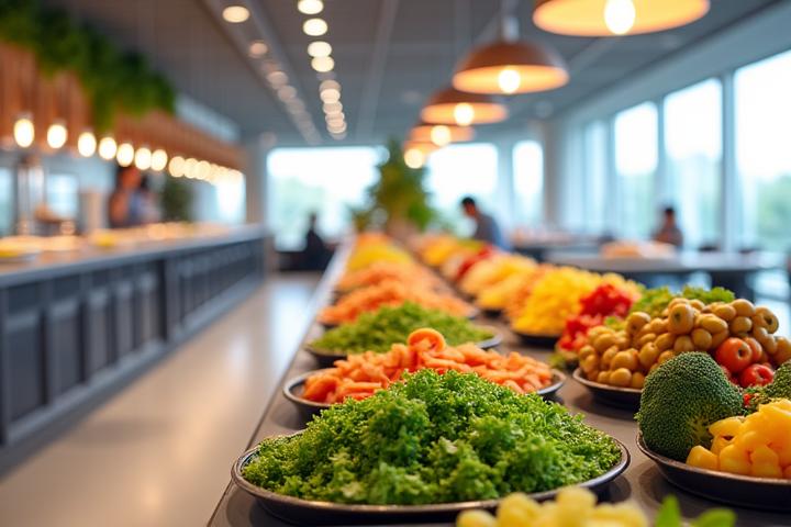En lys og moderne kantine med et variert utvalg av sunn og delikat lunsjmat, fersk salatbar og smørbrød.