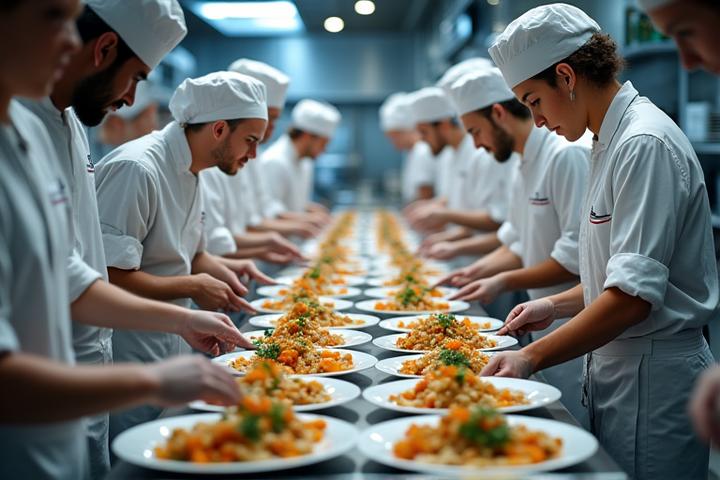 Et stort og velorganisert cateringkjøkken i full drift under et stort arrangement, med kokker som forbereder mat.