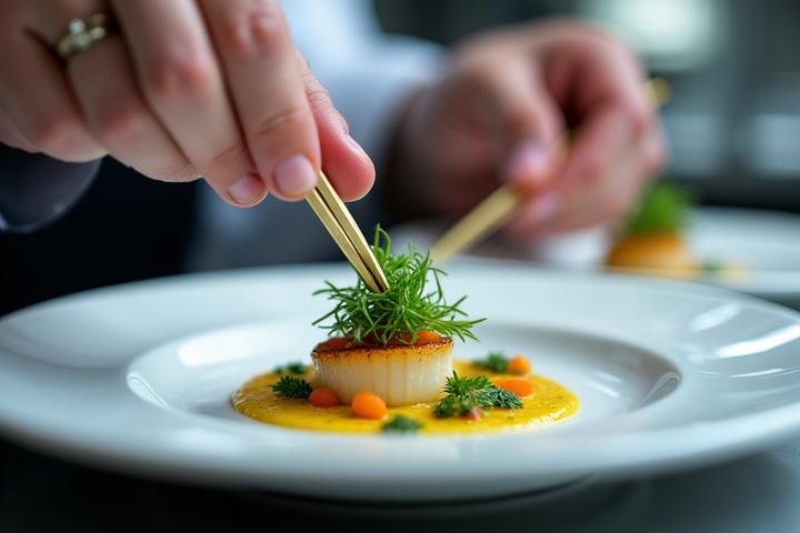 En kokk som nøye anretter en gourmetrett på en fin restaurant, med fokus på detaljer og ferske ingredienser.