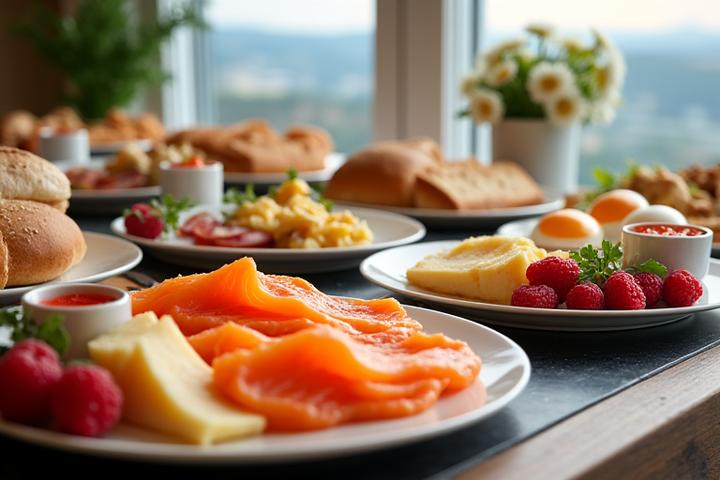 Elegant hotellfrokostbuffet med en rekke lokale delikatesser, fersk frukt og bakverk.