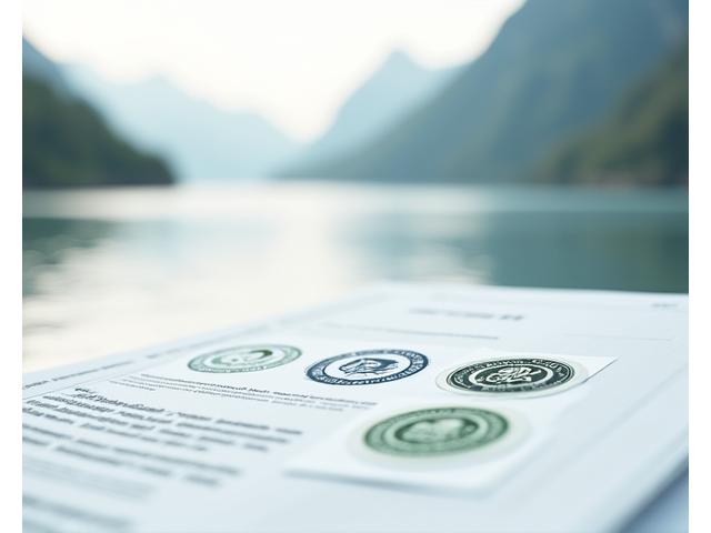 Norske sertifiseringsmerker og et offisielt dokument som bekrefter sporbarhet og kvalitet for matprodukter, med en subtil bakgrunn av norsk landskap.