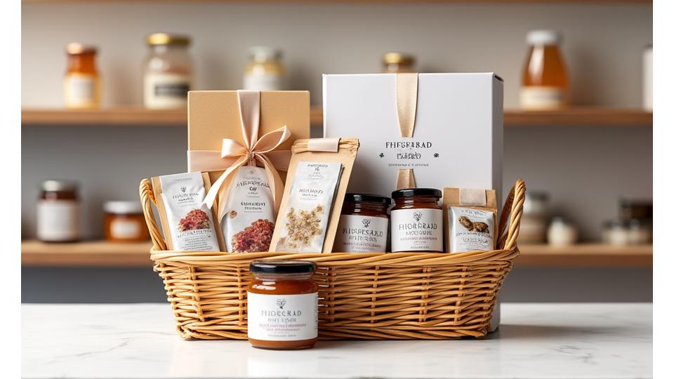 En elegant kurert gavepakke med flere Fjordgard Flavors konserverprodukter, innpakket med et bånd og et merke som viser norsk inspirasjon, klar for salg i en delikatessebutikk.