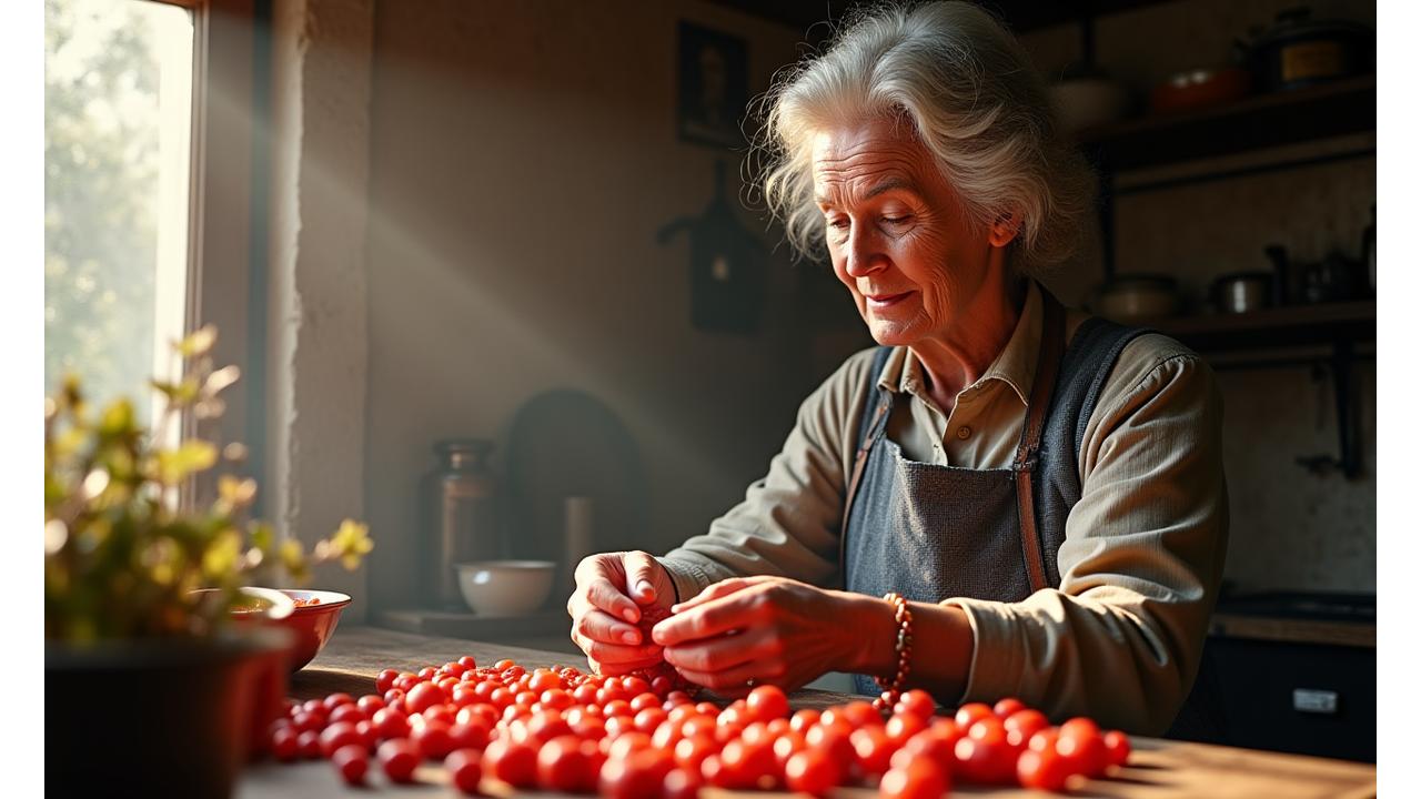 Bilde av en gammel norsk kvinne som sylter bær ved et tradisjonelt kjøkkenvindu, med en historisk tidslinje i bakgrunnen som viser generasjoners matlaging.