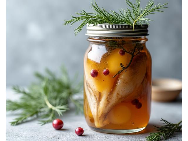 En glasskrukke med klassisk innsyltet sild, pent lagt med dill, ringer av rødløk og krydder, klar til servering.