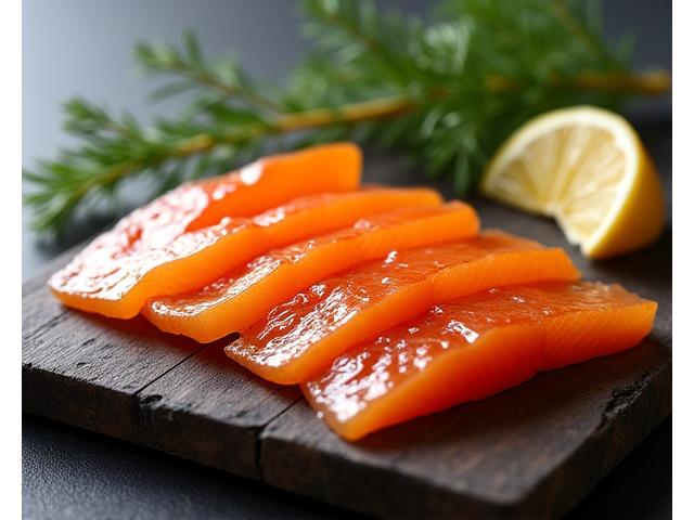 Skiver av gyllenrøkt makrell og ørret pent anrettet på et trekuttbrett, med friske urter og en sitronkile som garnityr.