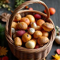 Diverse typer skogssopp, sopp og rotgrønnsaker samlet i en kurv, dekket av fargerike høstblader.