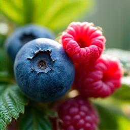 Masser av modne villblåbær og bringebær på busker, med sollys som skinner gjennom løvet.