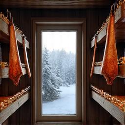 Røkt fisk hengende til tørk i et tradisjonelt røykeri, med snølandskap synlig gjennom et vindu i bakgrunnen.