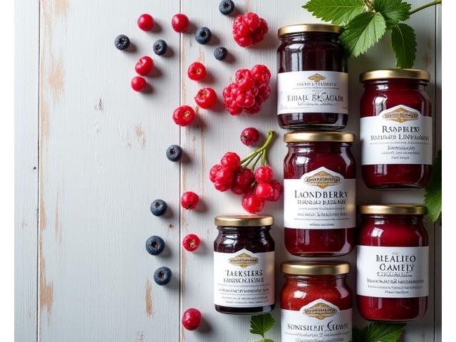 Diverse krukker med fargerike, hjemmelagde norske syltetøy og marmelader, inkludert tyttebær og bringebær.