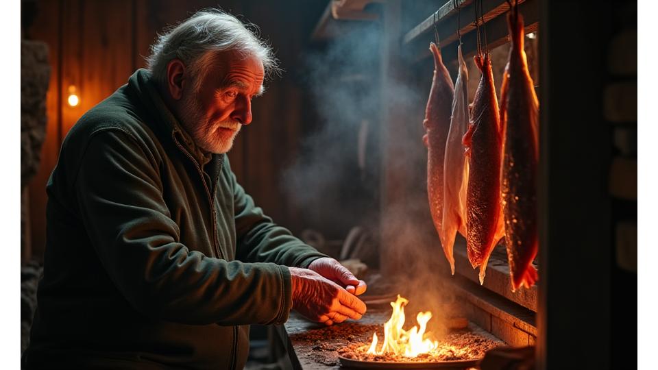 En eldre, erfaren håndverker som omhyggelig røyker fisk i et tradisjonelt røykehus, med varmt lys og røyk som fyller rommet.