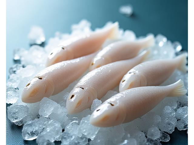 Fersk skrei, arktisk torsk, på isflak, klar til foredling.