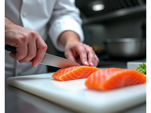 En profesjonell kokk i en moderne restaurant kjøkken, elegant porsjonering av en sjømatrett, fokus på rene linjer og presisjon.
