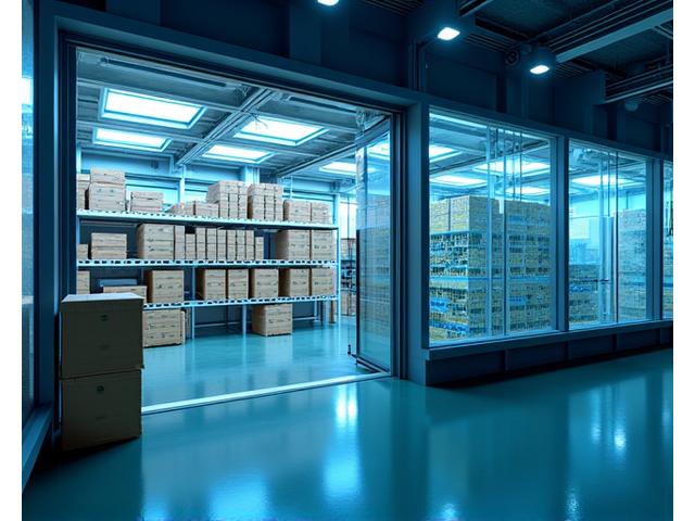 En oversikt over logistikkflyten, med kjølebiler, lager og digitale sporingsskjermer som illustrerer en ubrutt kuldekjede.