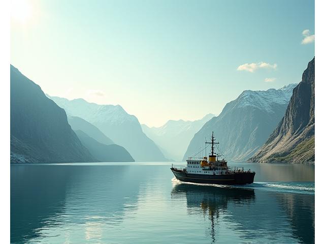 En moderne fiskebåt i en dramatisk norsk fjord omkranset av majestetiske fjell, med en tidslinje som illustrerer reisen fra fjord til kjøkken.