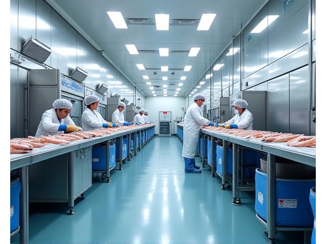 Sterilt, moderne sjømatforedlingsanlegg med rustfritt stål, avansert maskineri og arbeidere i hygienisk utstyr.