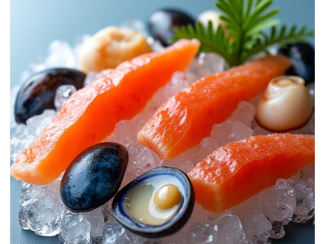 Et utvalg av ferske norske skalldyr, inkludert reker, østers og blåskjell, presentert på is.