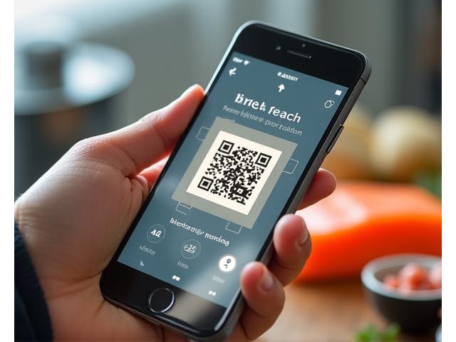 Close-up av en hånd som skanner en QR-kode på en matvarepakke, med digital informasjon som dukker opp på en bakgrunnsbelysning