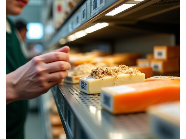 En hylle fylt med norske matvarer med sporbarhetskoder, i en ren produksjonsfasilitet, symboliserer strenge kvalitetskontroller